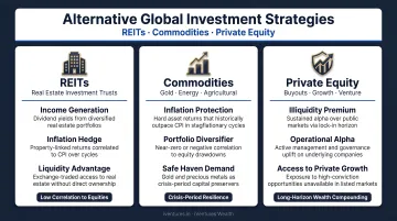 Three alternative global investment strategies REITs commodities private equity roles infographic
