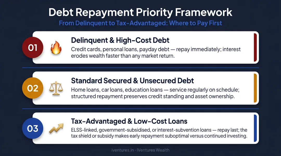 Three-tier debt repayment priority framework from delinquent to tax-advantaged loans