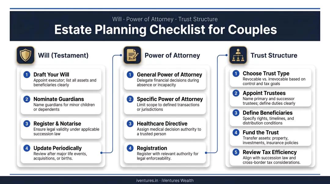 Estate planning checklist for couples Will Power of Attorney and trust structure steps