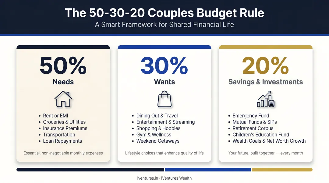 50-30-20 couples budget rule allocation breakdown with expense category examples