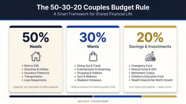 50-30-20 couples budget rule allocation breakdown with expense category examples