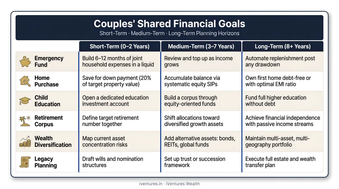 Couples shared financial goals table across short medium and long-term horizons