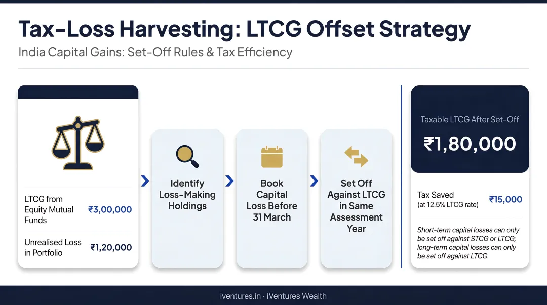 Tax-loss harvesting process showing LTCG offset with capital loss set-off rules India