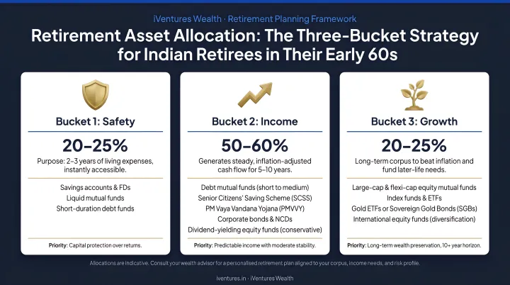 Recommended retirement asset allocation for Indian retirees in early 60s three-bucket breakdown