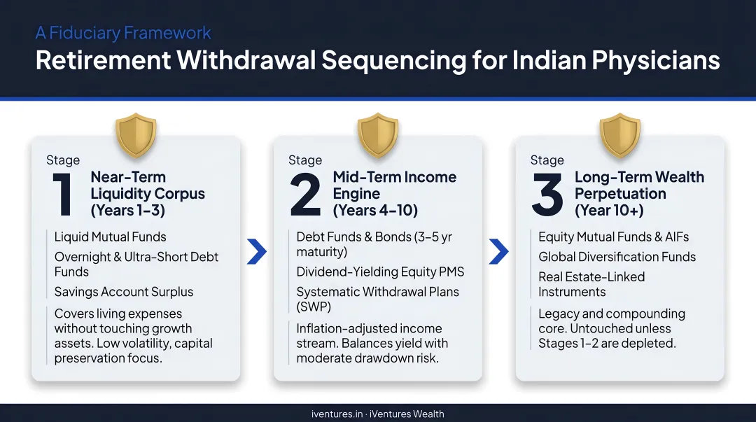 Three-stage retirement withdrawal sequencing strategy for Indian physicians process flow