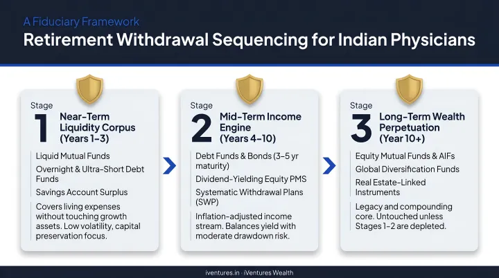 Three-stage retirement withdrawal sequencing strategy for Indian physicians process flow