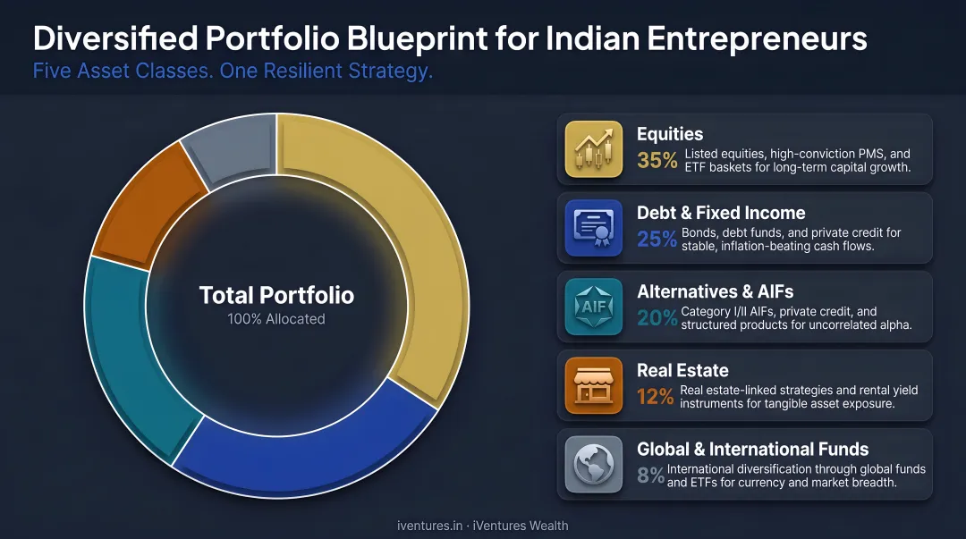 Diversified personal investment portfolio breakdown for Indian entrepreneurs five asset classes
