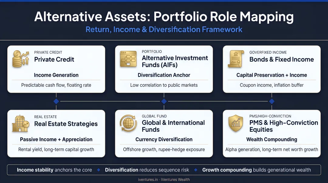 Alternative asset classes mapped to portfolio roles return income diversification framework