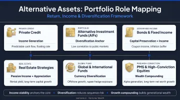 Alternative asset classes mapped to portfolio roles return income diversification framework