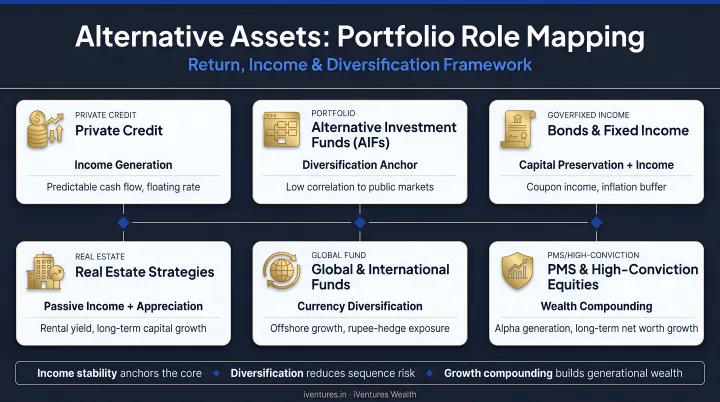 Alternative asset classes mapped to portfolio roles return income diversification framework