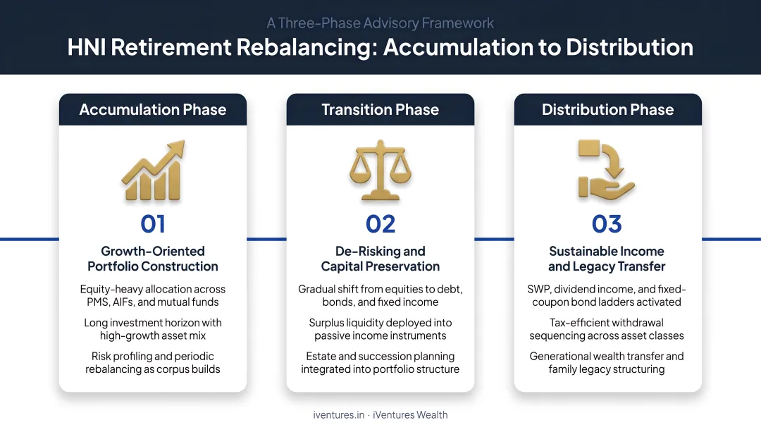Three-phase HNI retirement rebalancing process from accumulation to distribution