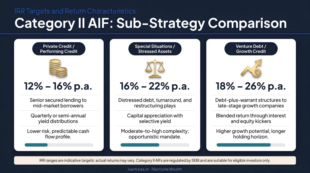 Category II AIF three sub-strategy comparison showing IRR targets and return characteristics
