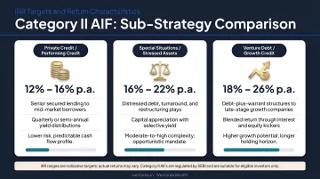 Category II AIF three sub-strategy comparison showing IRR targets and return characteristics
