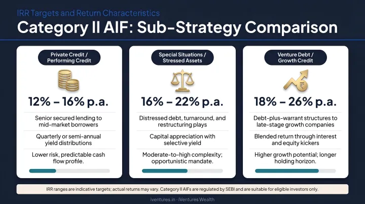 Category II AIF three sub-strategy comparison showing IRR targets and return characteristics