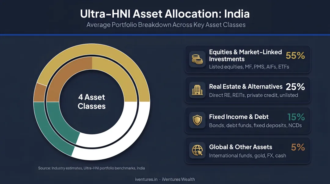 Ultra-HNI average asset allocation breakdown across four categories in India