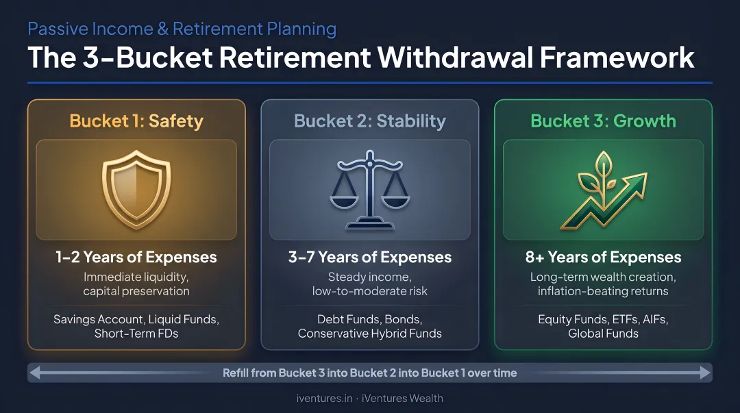 Three-bucket retirement withdrawal framework safety stability and growth allocation