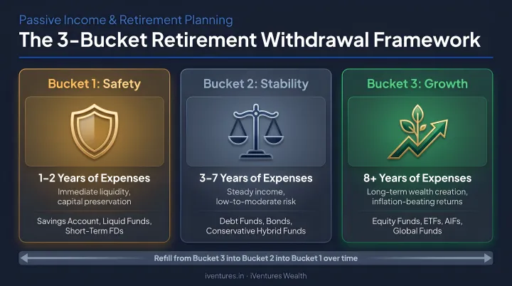 Three-bucket retirement withdrawal framework safety stability and growth allocation