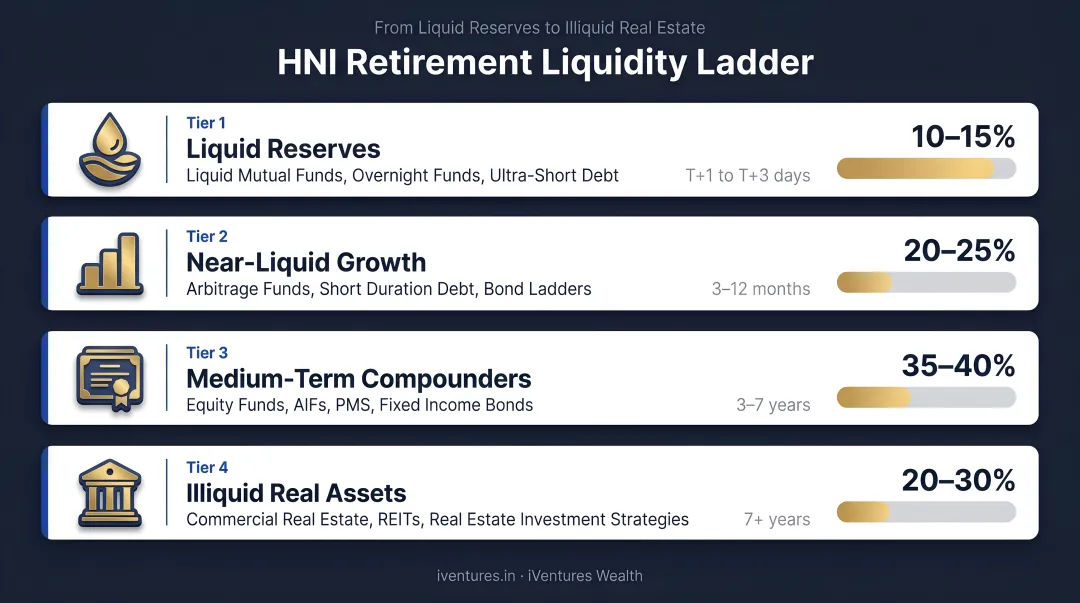 Four-tier HNI retirement liquidity ladder from liquid funds to illiquid real estate