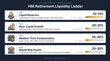 Four-tier HNI retirement liquidity ladder from liquid funds to illiquid real estate