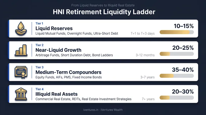 Four-tier HNI retirement liquidity ladder from liquid funds to illiquid real estate