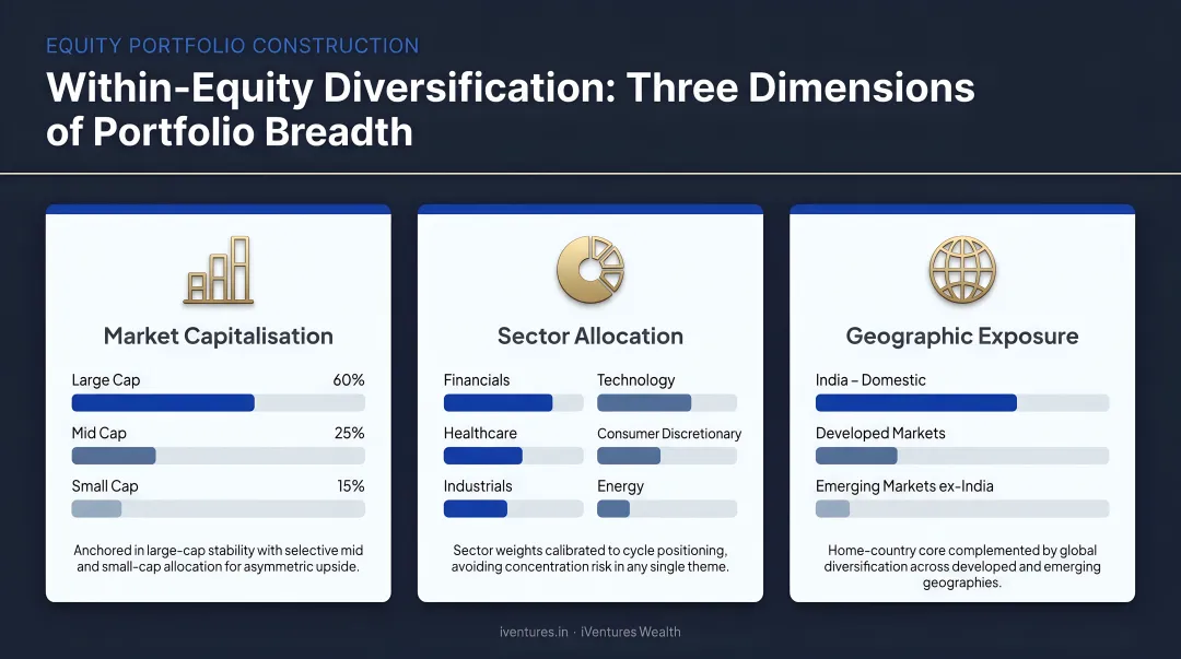 Three dimensions of within-equity diversification market cap sector and geography breakdown