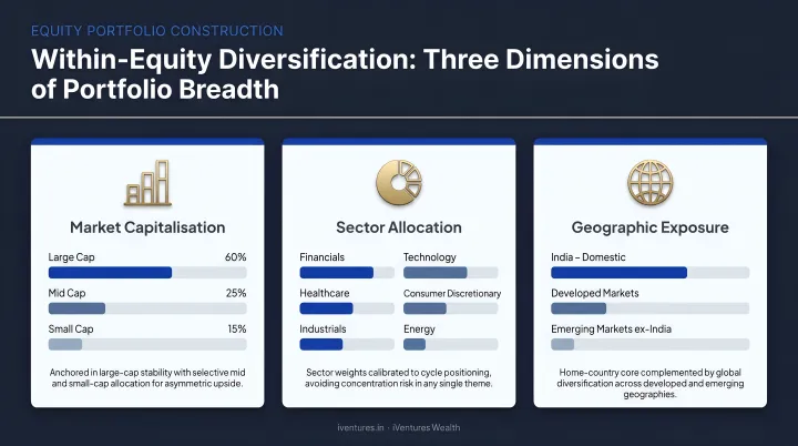Three dimensions of within-equity diversification market cap sector and geography breakdown