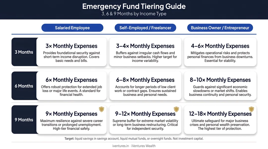 Emergency fund tiering guide 3 6 9 months by income type infographic