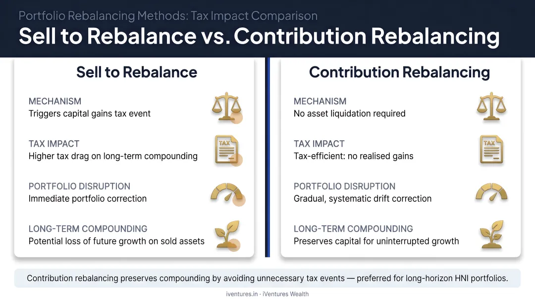 Two portfolio rebalancing methods comparison sell to rebalance versus contribution rebalancing tax impact