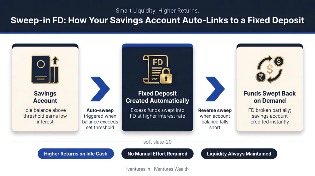 Sweep-in FD mechanism showing savings account and fixed deposit auto-link flow