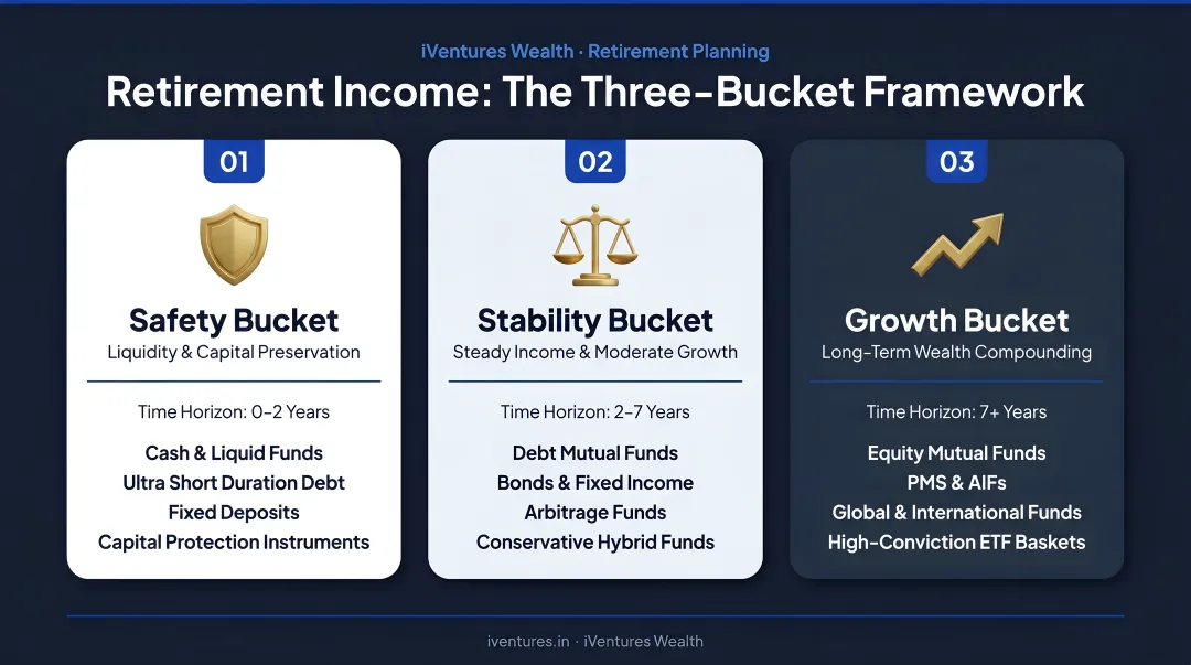 Three-bucket retirement income framework safety stability growth horizon breakdown