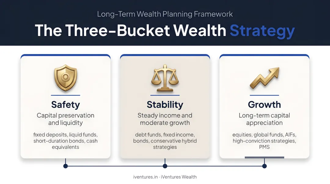 Three-bucket wealth strategy safety stability growth structure for long-term planning