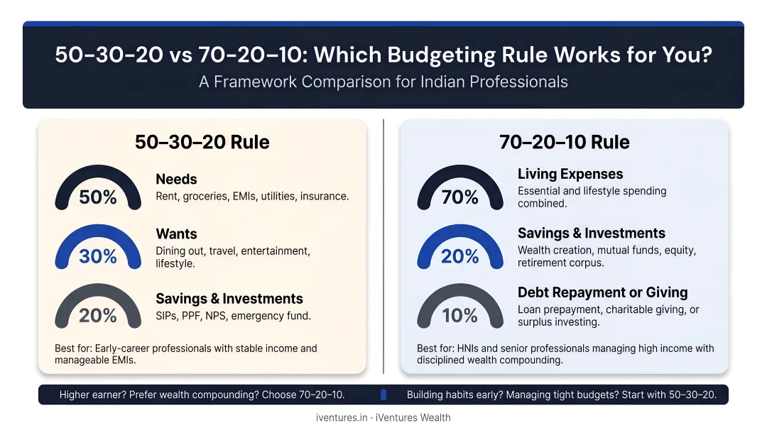 50 30 20 versus 70 20 10 budgeting framework comparison for Indian professionals