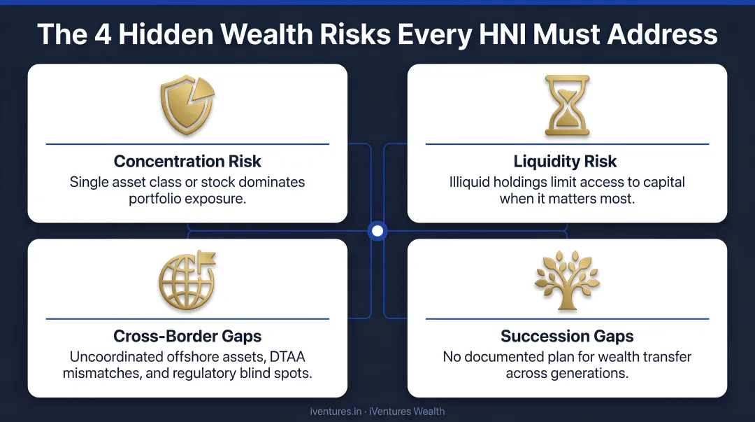 Four interconnected HNI wealth risks concentration liquidity cross-border succession gaps