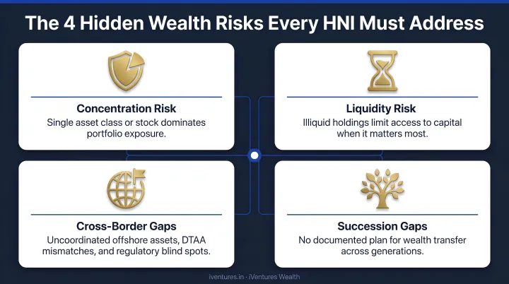Four interconnected HNI wealth risks concentration liquidity cross-border succession gaps