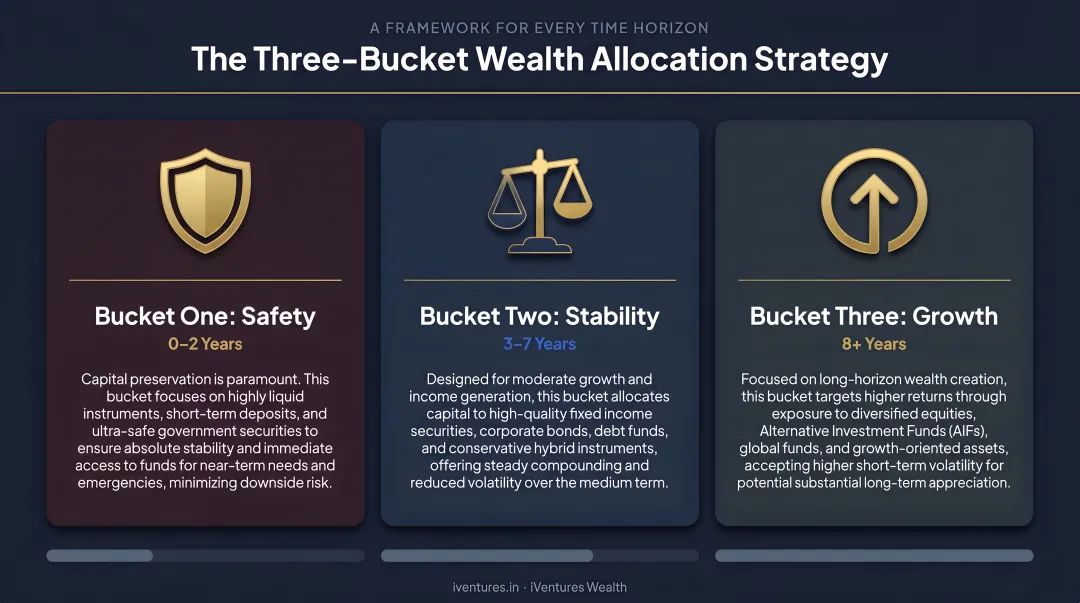 Three-bucket wealth allocation strategy safety stability and growth time horizons