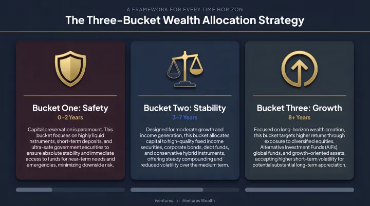 Three-bucket wealth allocation strategy safety stability and growth time horizons