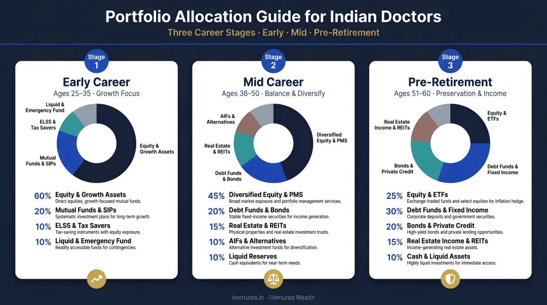 Three career stage investment portfolio allocation guide for Indian doctors early mid pre-retirement