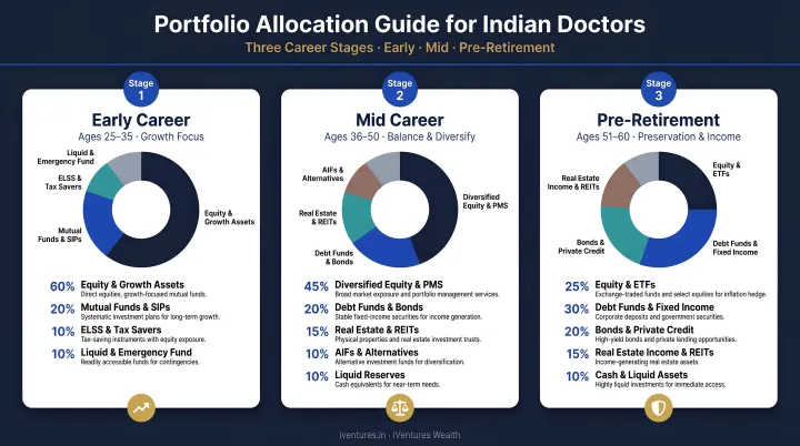 Three career stage investment portfolio allocation guide for Indian doctors early mid pre-retirement