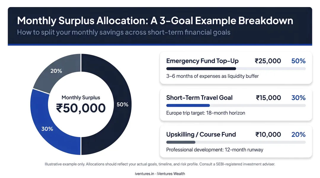 Monthly surplus allocation across three short-term financial goals example breakdown