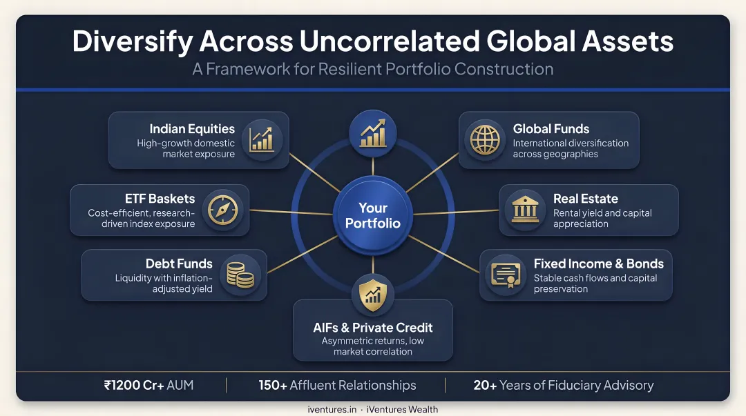 Portfolio diversification requires spreading risks across uncorrelated global assets.