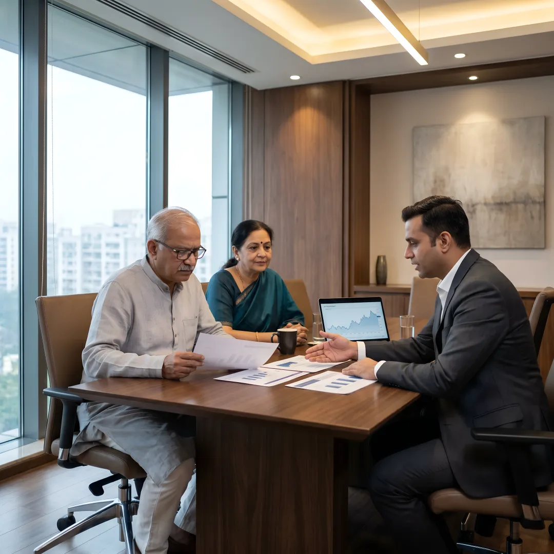 Elderly couple reviewing retirement plan with financial advisor in Delhi