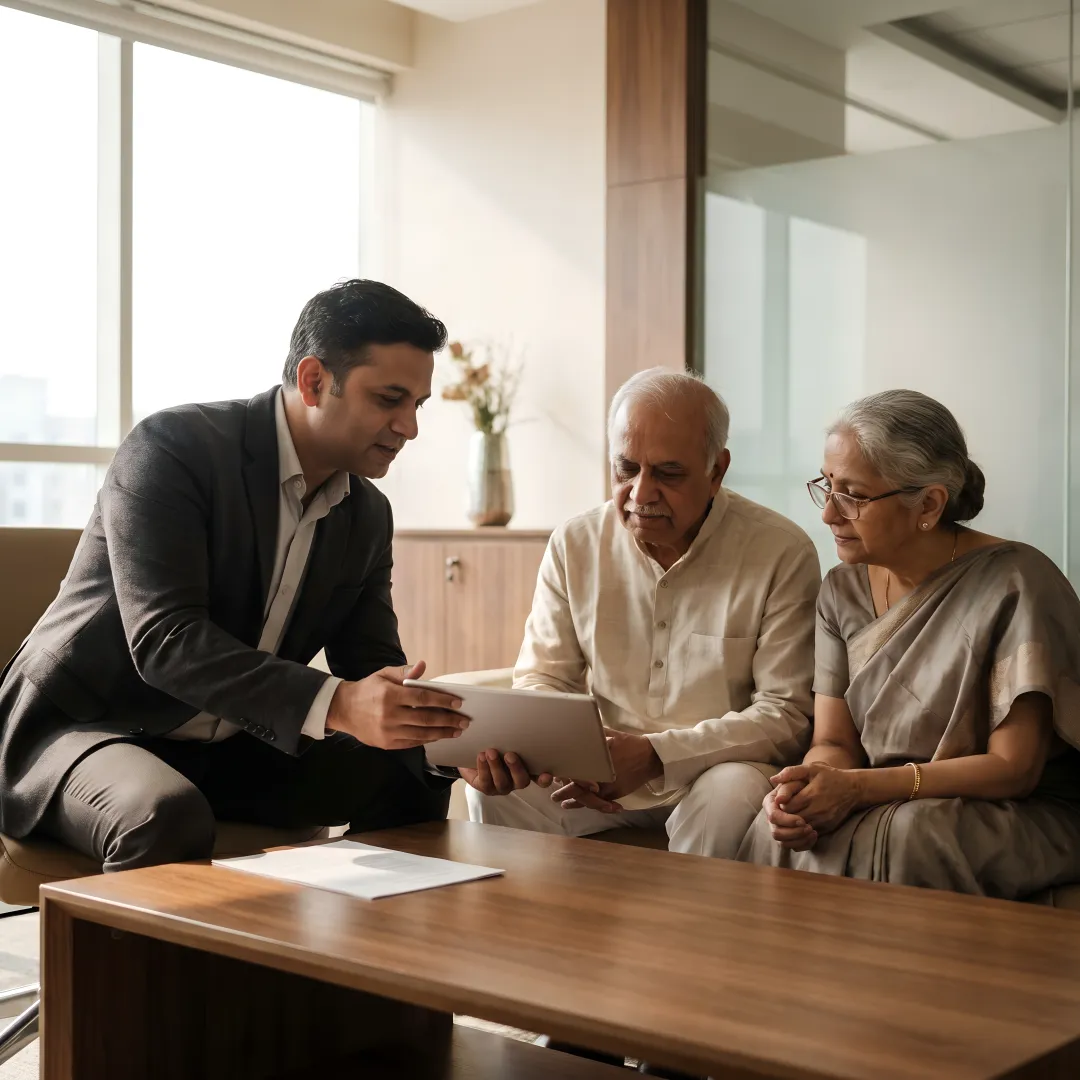Financial advisor explaining retirement planning steps to elderly clients