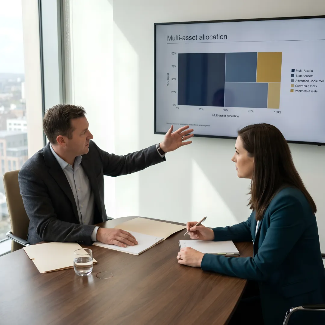Portfolio management team analyzing investment strategy
