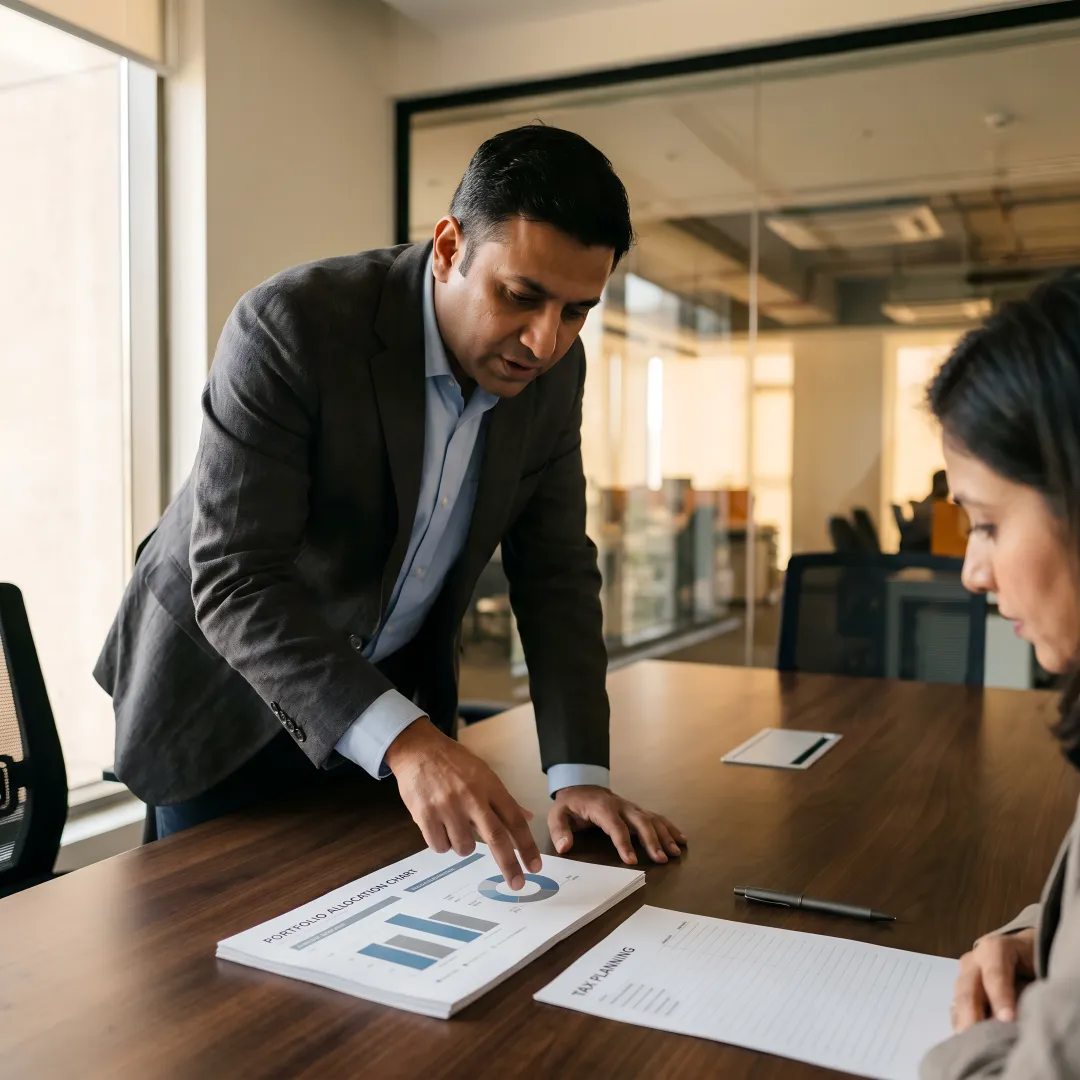 Advisor explaining a portfolio strategy to clients