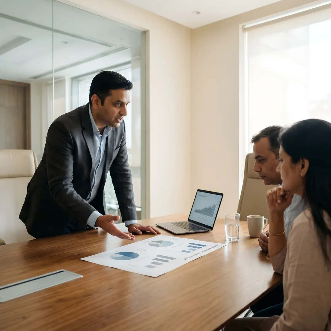 Advisor explaining diversified investment strategy to clients