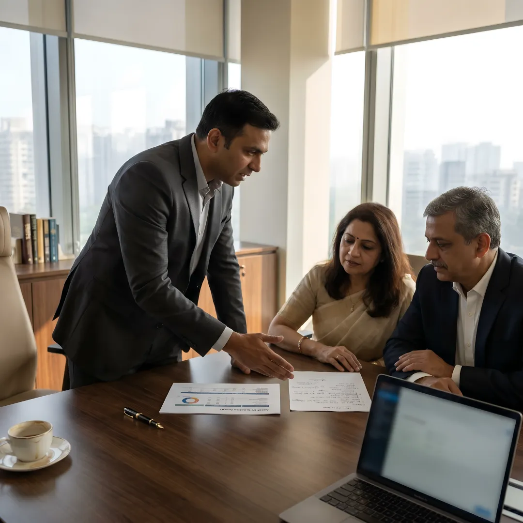 Advisor presenting a global wealth strategy to a family