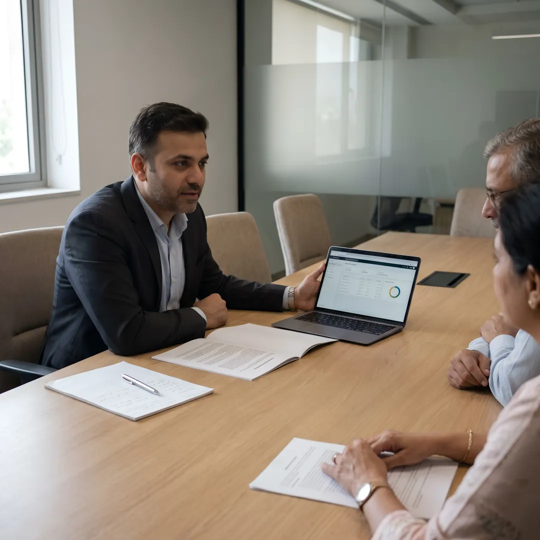 Advisor explaining wealth management plan to a family