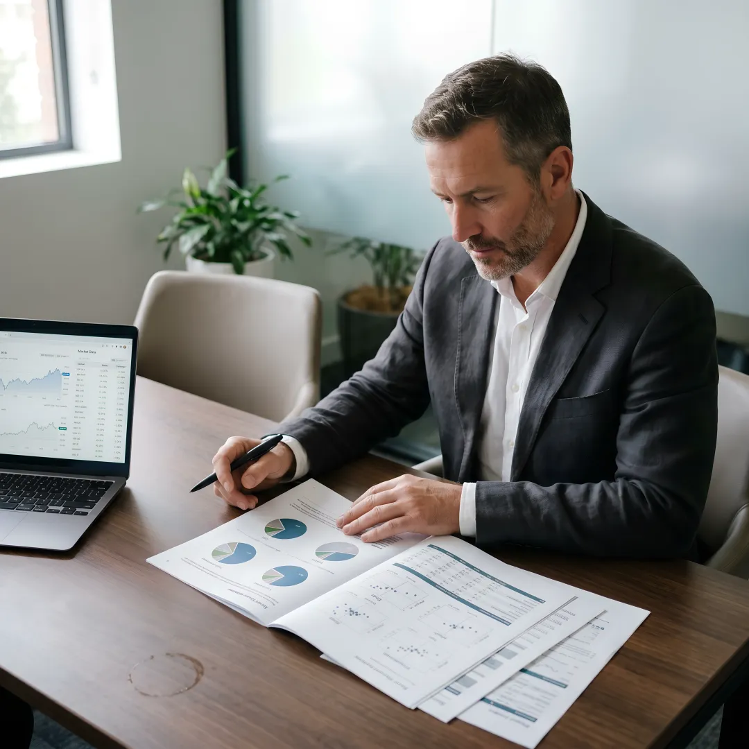 Advisor reviewing stock and mutual fund portfolio reports
