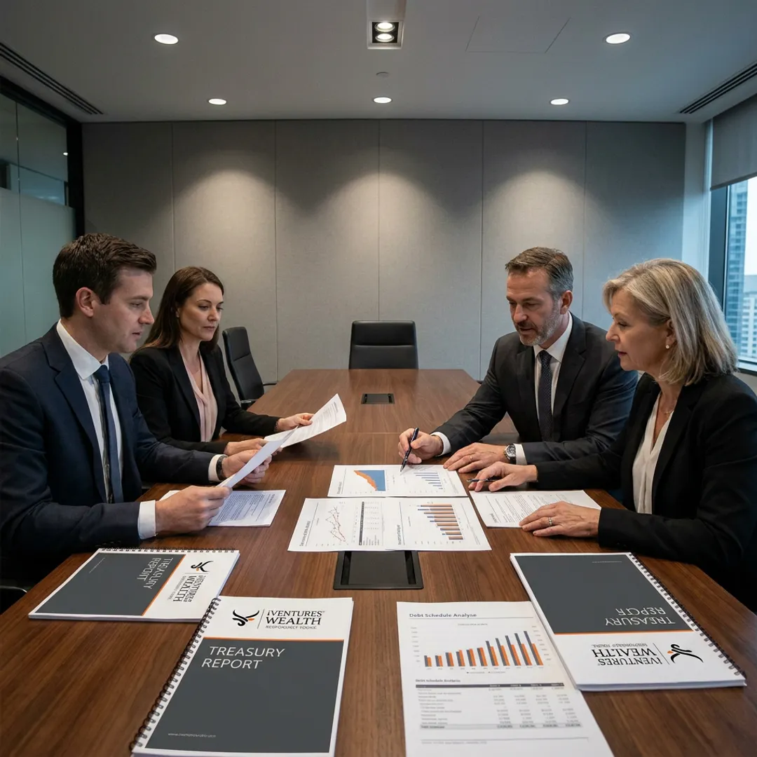 Corporate investment advisers reviewing financial reports