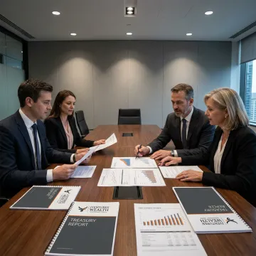 Corporate investment advisers reviewing financial reports